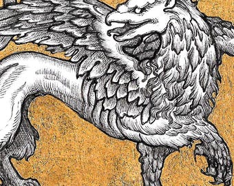 Griffin - 5x7 Reproduction of Original Pen & Ink Drawing - Printed Gold Leaf - Limited Edition of 50 - Actual Image Size: 2x3.