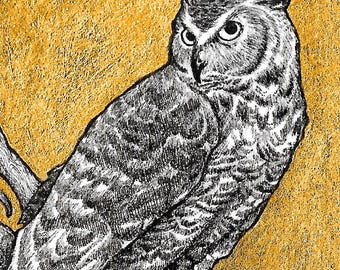 Owl - 5x7 Reproduction of Original Pen & Ink Drawing - Printed Gold Leaf - Limited Edition of 50 - Actual Image Size: 2x3.