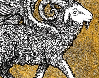 Golden Fleece - 5x7 Reproduction of Original Pen & Ink Drawing - Printed Gold Leaf - Limited Edition of 50 - Actual Image Size: 2x3.