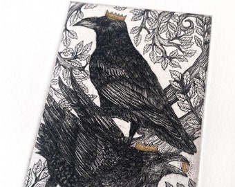 King Ravens Etching Print  - Tiny Hand-Pulled Intaglio Etching Print from Copperplate - 3"x 4.5" Etching on 8"x 10" Paper