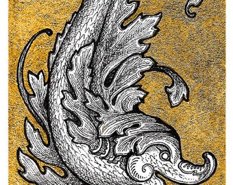 Medieval Dolphin - 5x7 Reproduction of Original Pen & Ink Drawing - Printed Gold Leaf - Limited Edition of 50 - Actual Image Size: 2x3.