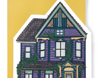 Purple Corktown House Card with Yellow Envelope - Digitally Colored and Printed - Original Art Card - Architecture Art Card - Detroit House