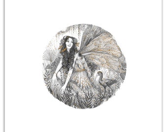 Palm Fairy - 8x10 Black and White Reproduction of Original Graphite Drawing - Limited Edition of 50