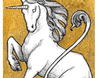 Unicorn - 5x7 Reproduction of Original Pen & Ink Drawing - Printed Gold Leaf - Limited Edition of 50 - Actual Image Size: 2x3.