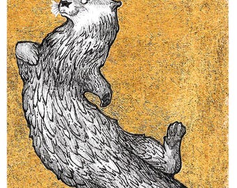 Otter - 5x7 Reproduction of Original Pen & Ink Drawing - Printed Gold Leaf - Limited Edition of 50 - Actual Image Size: 2x3.