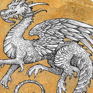 Circle Dragon - 8x10 Black and White Reproduction of Original Ink Drawing with Gold Leaf - Limited Edition of 50