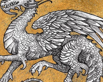 Circle Dragon - 8x10 Black and White Reproduction of Original Ink Drawing with Gold Leaf - Limited Edition of 50