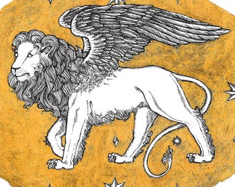 Lion of Venice - 8x10 Black and White Reproduction of Original Ink Drawing with Gold Leaf - Limited Edition of 50