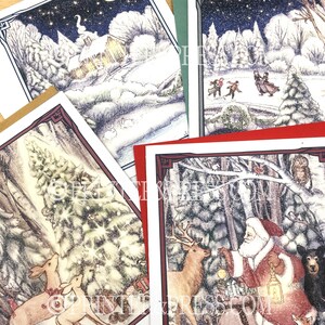 May include: Four different Christmas card designs featuring winter scenes. The first card shows a snowy cottage with a crescent moon in the sky. The second card shows a group of people ice skating on a frozen lake. The third card shows a deer and a rabbit in a snowy forest. The fourth card shows Santa Claus with a reindeer and other animals in a snowy forest.