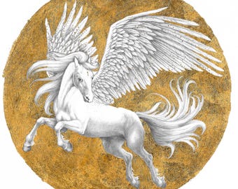 Golden Pegasus - 8x10 Black and White Reproduction of Original Graphite Drawing with Gold Leaf - Limited Edition of 50