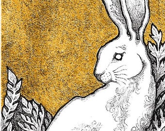 Magic Hare - 5x7 Reproduction of Original Pen & Ink Drawing - Printed Gold Leaf - Limited Edition of 50 - Actual Image Size: 2x3.
