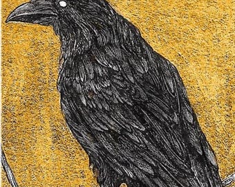 Raven - 5x7 Reproduction of Original Pen & Ink Drawing - Printed Gold Leaf - Limited Edition of 50 - Actual Image Size: 2x3.
