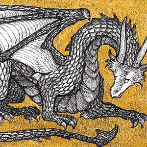 Dark Dragon - 5x7 Reproduction of Original Pen & Ink Drawing - Printed Gold Leaf - Limited Edition of 50 - Actual Image Size: 2x3.
