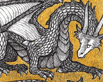 Dark Dragon - 5x7 Reproduction of Original Pen & Ink Drawing - Printed Gold Leaf - Limited Edition of 50 - Actual Image Size: 2x3.