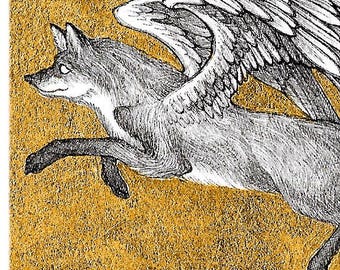 Bibi Fox - 5x7 Reproduction of Original Pen & Ink Drawing - Printed Gold Leaf - Limited Edition of 50 - Actual Image Size: 2x3.