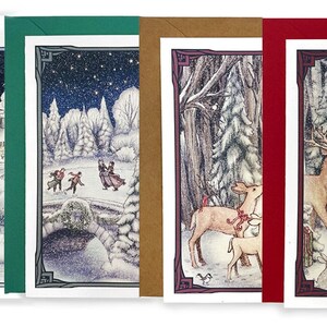 May include: Set of four winter holiday greeting cards featuring snowy forest scenes. The first card shows a village with a church in the distance. The second card shows people ice skating on a frozen pond. The third card shows a deer and fawn in the woods. The fourth card shows Santa Claus with a lantern, surrounded by woodland animals.