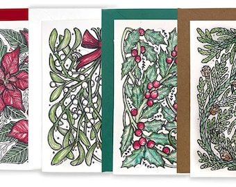 Holiday Botanicals Card Set : Poinsettia, Holly, Mistletoe, Cedar - Set of 4 Cards and Envelopes - Holiday Card Set - Christmas Cards