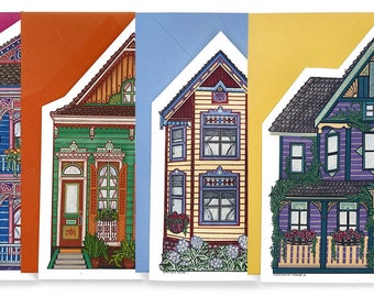 Colorful House Card Variety Pack - 4 Digitally Printed Cards w/ Fun Envelopes - Architecture Art Card - Architecture Gifts - NOLA - Detroit