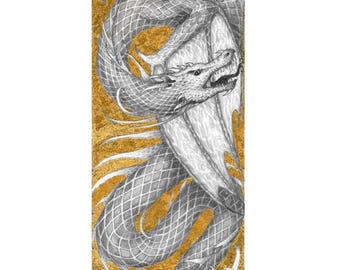 Diamond Dragon - 8x10 Black and White Reproduction of Original Graphite Drawing with Gold Leaf - Limited Edition of 50