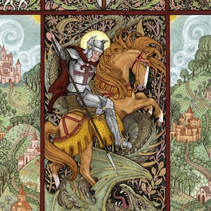 Saint George and the Dragon - Digital Illustration Print in Various Sizes- Limited Edition - Redcrosse Knight - Faerie Queene - Medieval Art