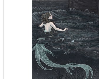 May include: A mermaid with long brown hair and a teal tail swims in the ocean at night. A large ship sails in the distance under a full moon.