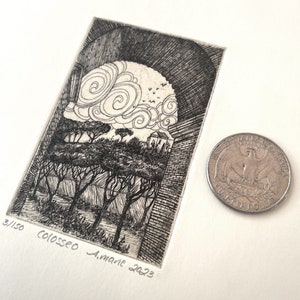 Colosseum Etching Print  - Tiny Hand-Pulled Intaglio Etching Print from Copperplate - 2&quot;x3&quot; Etching on 8&quot;x10&quot; Paper - Rome Italy