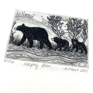 3 Sleeping Bears - Colored or Uncolored : TINY Hand-Pulled Intaglio Etching Print from Copperplate - 2&quot;x3&quot; Etching on 8&quot;x10&quot; Paper