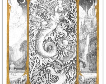 Mermaid Grotto - 11x14 Black and White Reproduction of Original Graphite Drawing - Limited Edition