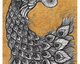 Peacock - 5x7 Reproduction of Original Pen & Ink Drawing - Printed Gold Leaf - Limited Edition of 50 - Actual Image Size: 2x3.