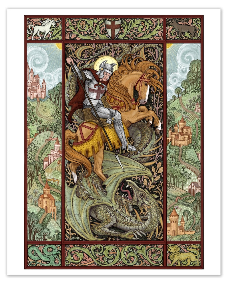 Saint George and the Dragon Digital Illustration Print in Various Sizes Limited Edition Redcrosse Knight Faerie Queene Medieval Art image 1