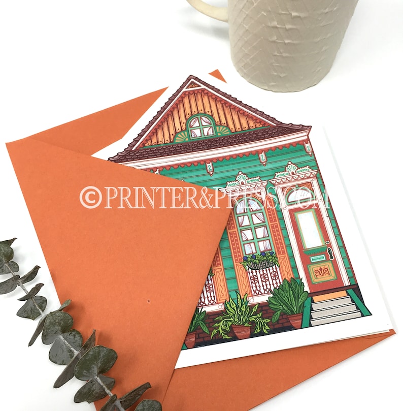 NOLA House Green New Orleans House Card with Orange Envelope Original Art Card Architecture Art Card Digitally Colored and Printed