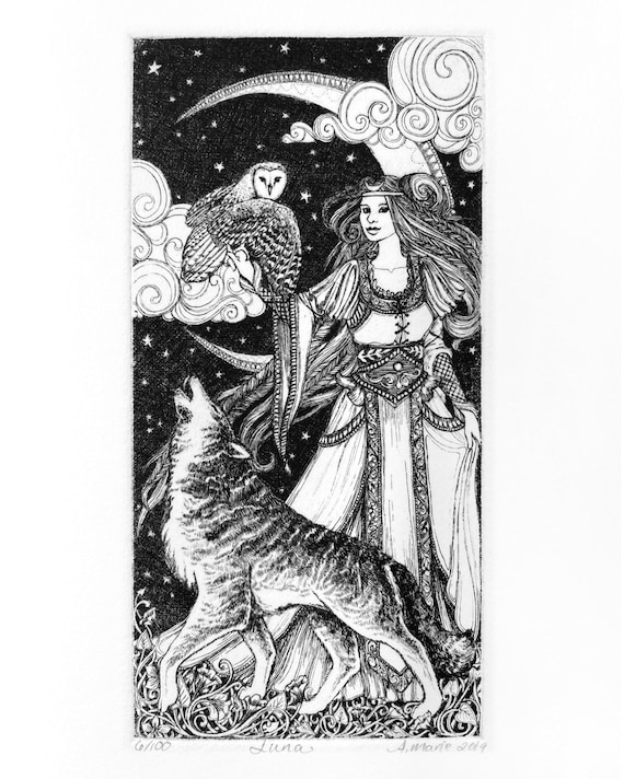 Luna the Moon Goddess : Hand-pulled Intaglio Etching Print From