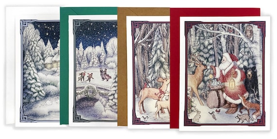 Woodland Christmas Card Set : Winter Cabin, Ice Skaters, Christmas Tree, Father Christmas - Set of 4 Cards and Envelopes - Holiday Card Set