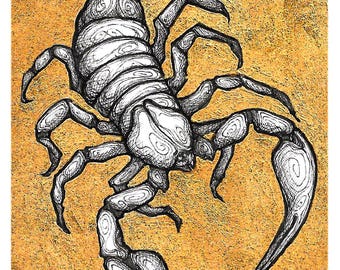 Scorpion - 5x7 Reproduction of Original Pen & Ink Drawing - Printed Gold Leaf - Limited Edition of 50 - Actual Image Size: 2x3.