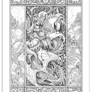 Saint George and the Dragon - 11x14 Black and White Reproduction of Original Graphite Drawing - Limited Edition - Redcrosse Knight -Medieval