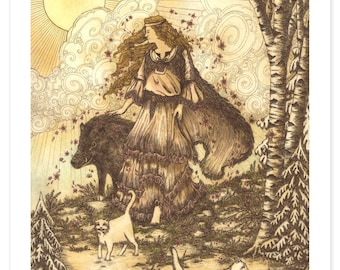 Freya Brings Spring - Limited Edition Archival Art Print in Various Sizes - Goddess - Norse Mythology - Freyja - Boar and Cats -  Feminine