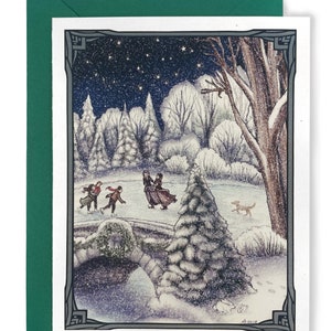 Ice Skaters Greeting Card with Green Envelope : Cabin Card - Winter Scene - Winter Art - Christmas Card - Christmas Card Set - Holiday Card