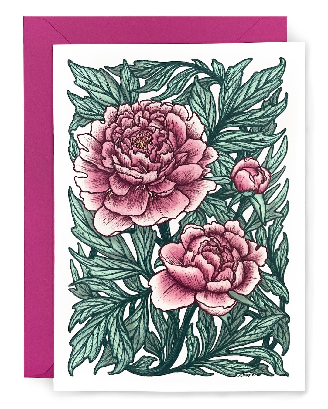 Peony Card With Pink Envelope - Digitally Colored and Printed - Spring ...