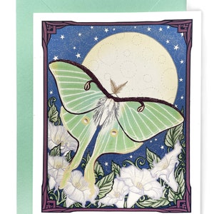 Luna Moth Greeting Card with Green Envelope : Moth Card - Winged Thing - Insect Card - Bug Card - Moon Art - Starry Night - Full Moon