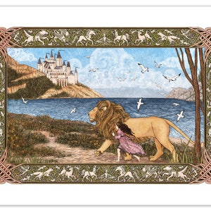 Lion and Young Girl, Journey to the Castle : Limited Edition Archival Print in Various Sizes - Book Illustration - Magical Creatures