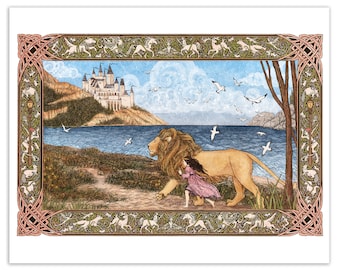 Lion and Young Girl, Journey to the Castle : Limited Edition Archival Print in Various Sizes - Book Illustration - Magical Creatures