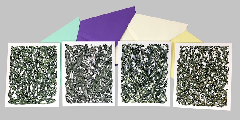 Herb Art Herb Card Set : Parsley Sage Rosemary and Thyme Herb Card Collection Set of 4 Cards and Colorful Envelopes