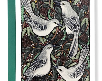 Four Calling Birds (Mockingbirds) Christmas Card - Handmade from Original Illustration