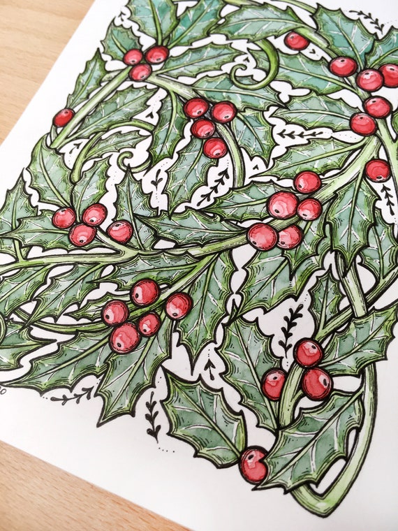 Original Watercolor Pen and Ink Drawing of Holly Berries - Etsy