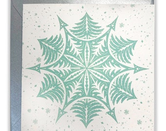 Tree Snowflake Greeting Card with Silver Envelope - Handmade from Original Illustration