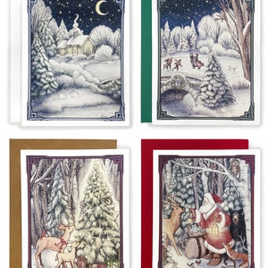 May include: Set of four Christmas cards featuring winter scenes. The first card shows a snowy cottage with a crescent moon in the sky. The second card shows people ice skating on a frozen lake. The third card shows a deer family looking at a decorated Christmas tree. The fourth card shows Santa Claus with a deer and other woodland animals.