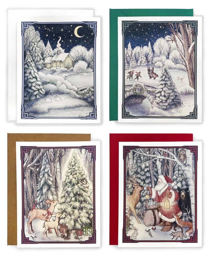 May include: Set of four Christmas cards featuring winter scenes. The first card shows a snowy cottage with a crescent moon in the sky. The second card shows people ice skating on a frozen lake. The third card shows a deer family looking at a decorated Christmas tree. The fourth card shows Santa Claus with a deer and other woodland animals.