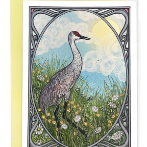 Sandhill Crane Card with Yellow Envelope - Digitally Colored and Printed - Original Art Card - Wildlife Card - Sandhill Crane Art- Bird Card