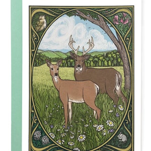 Deer Meadow Card with Green Envelope - Digitally Colored and Printed - Original Art Card - Wildlife Card - Buck - Deer Art - Antlers