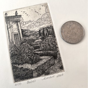 May include: Black and white etching of a garden scene with a building in the background. The etching is titled "Boboli" and signed "A.Marie 2023". The number "3/150" is printed in the lower left corner.